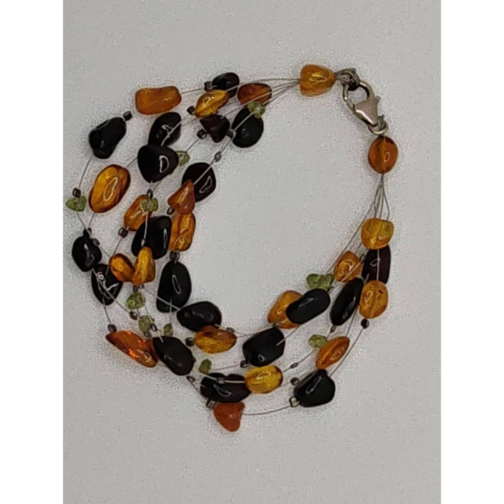 Multi Color Amber Peridot Sterling Silver Multi Strand Bead Bracelet 7.5"